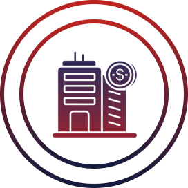 Building and dollar sign icon in circle.