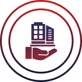 Hand holding building icon in circle.