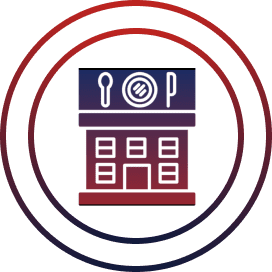 Restaurant icon with utensils and building.