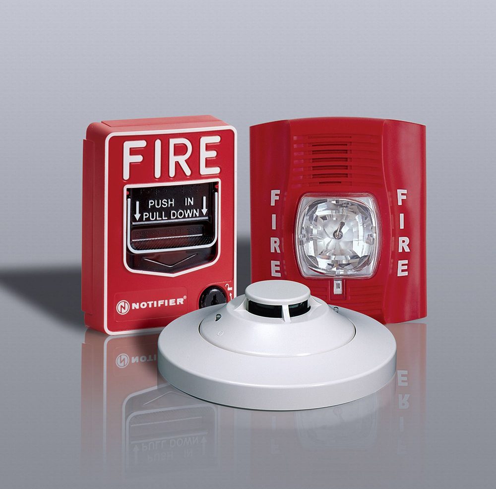 Fire alarm pull station, strobe, smoke detector
