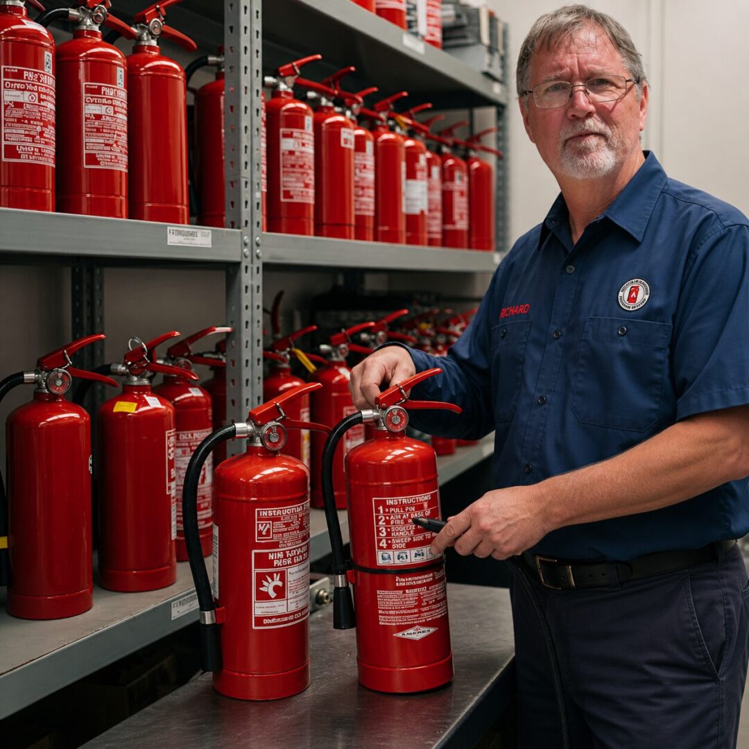 Technician inspecting red fire extinguishers on shelves
