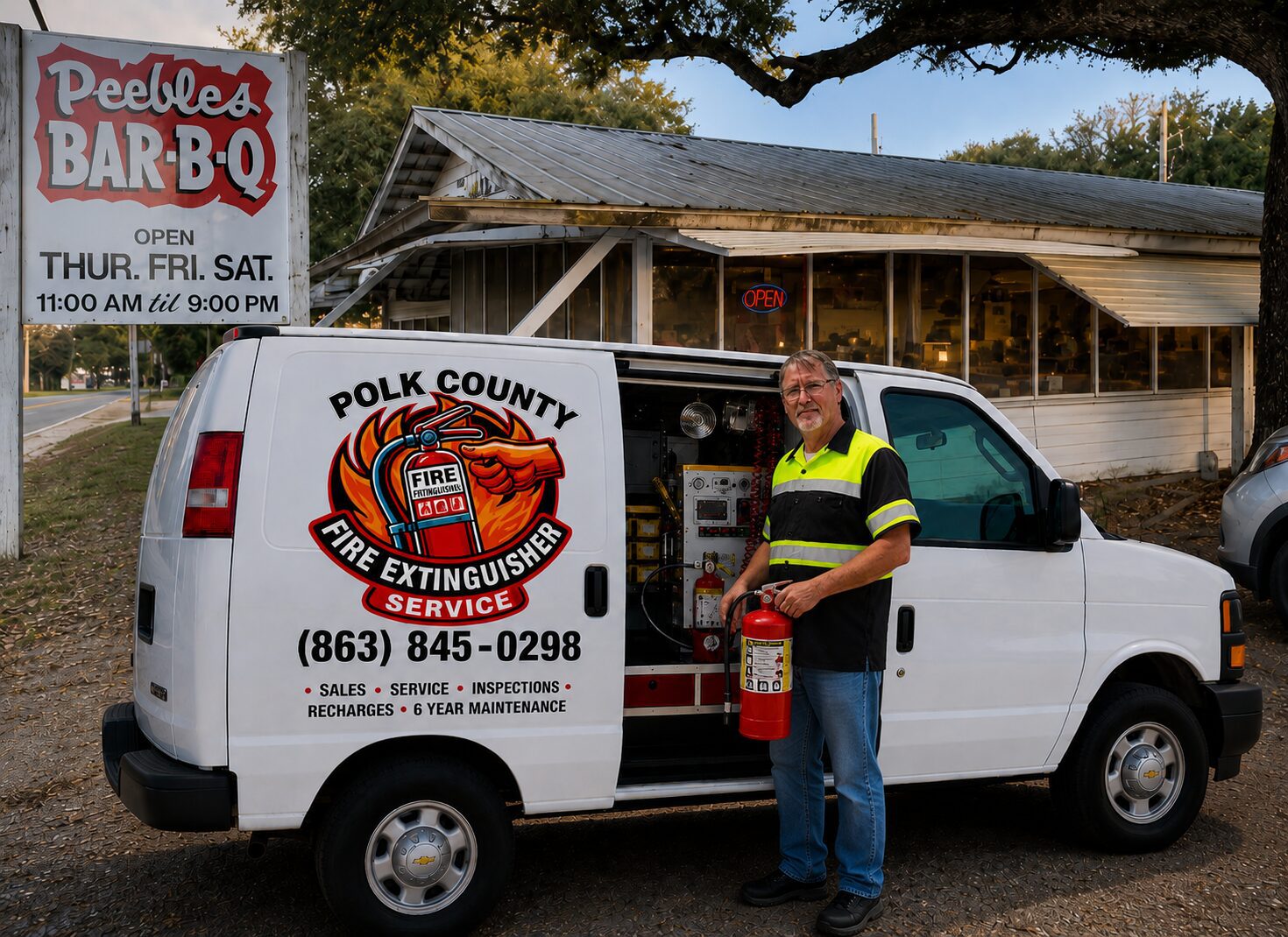Fire extinguisher service worker at barbecue restaurant