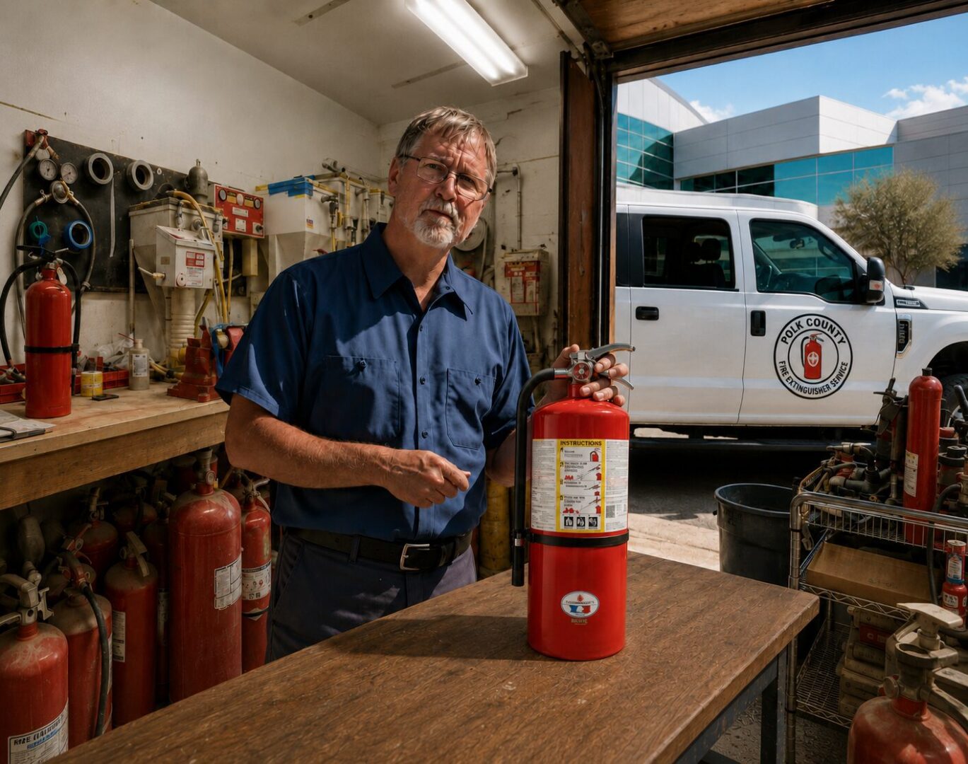 Man inspecting fire extinguisher in workshop