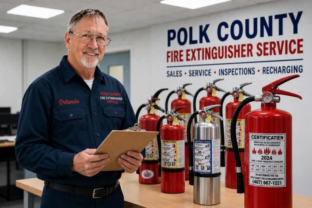 Technician inspecting fire extinguishers in shop
