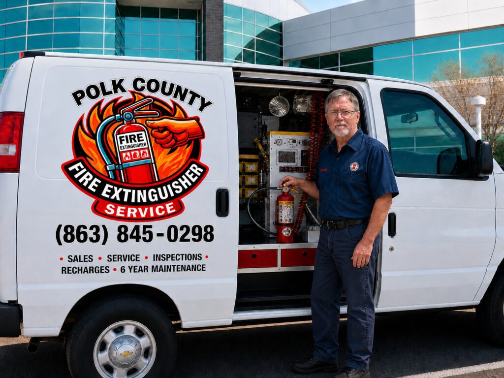 Polk County fire extinguisher technician with van