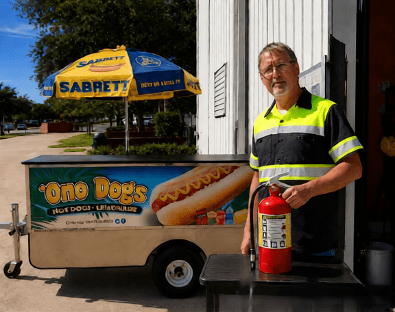 Man with fire extinguisher beside hot dog cart
