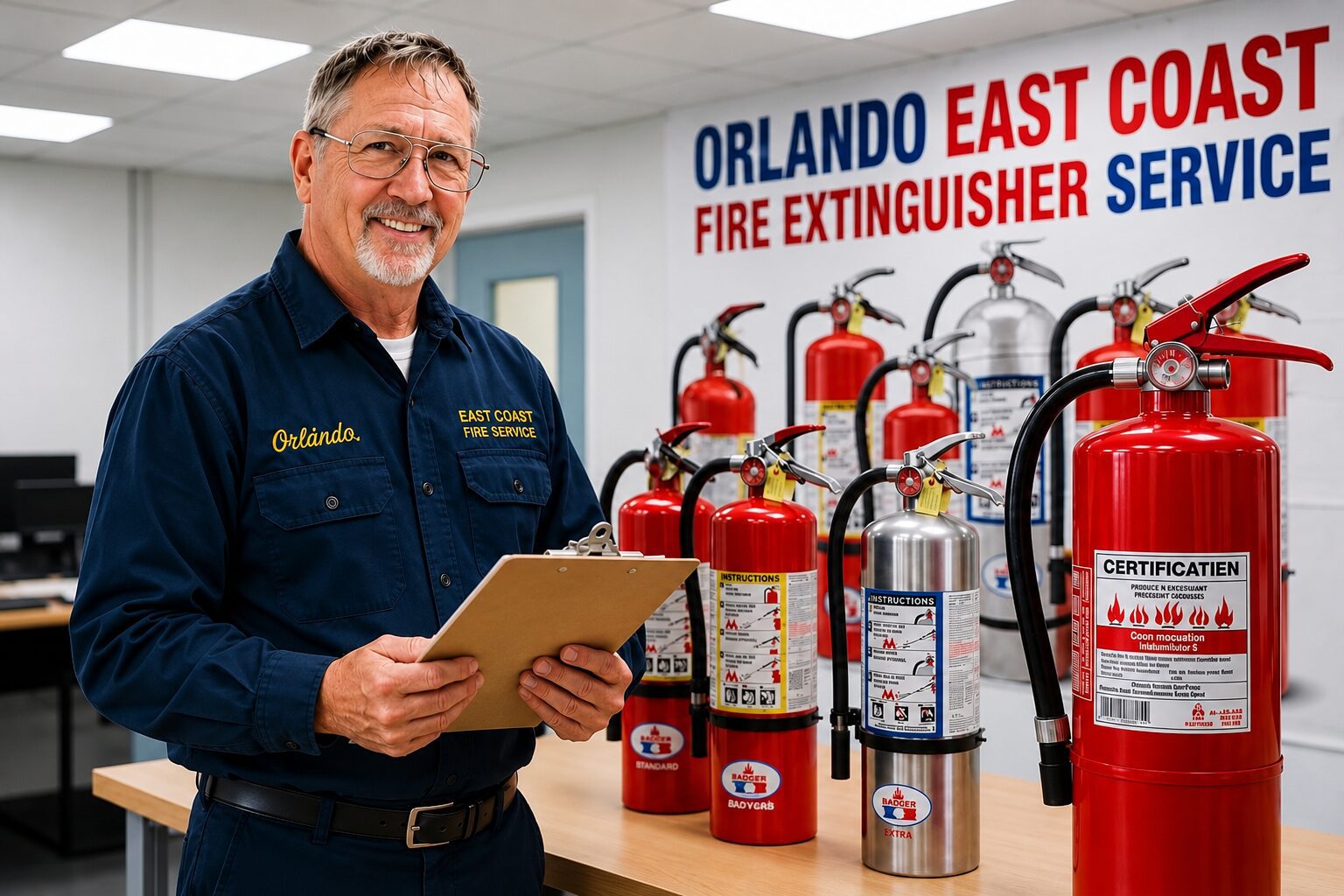 Smiling inspector with clipboard beside fire extinguishers
