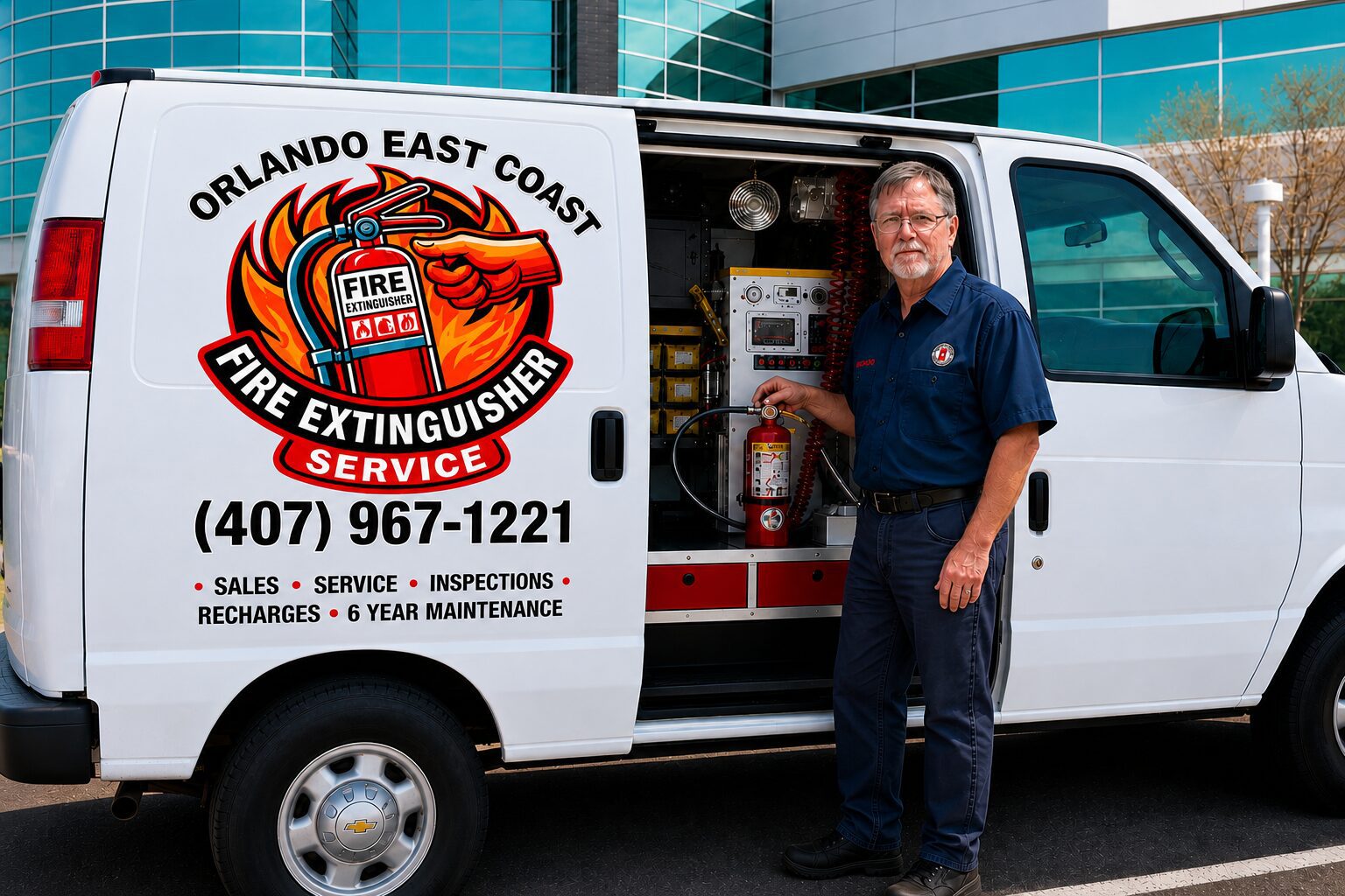 Repairman by Orlando fire extinguisher service van