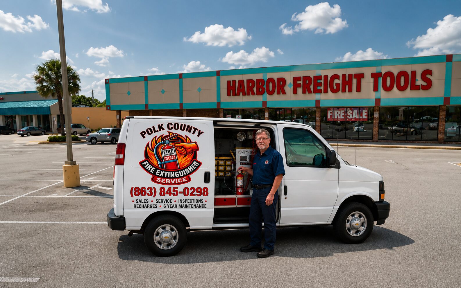 Fire extinguisher service van outside Harbor Freight