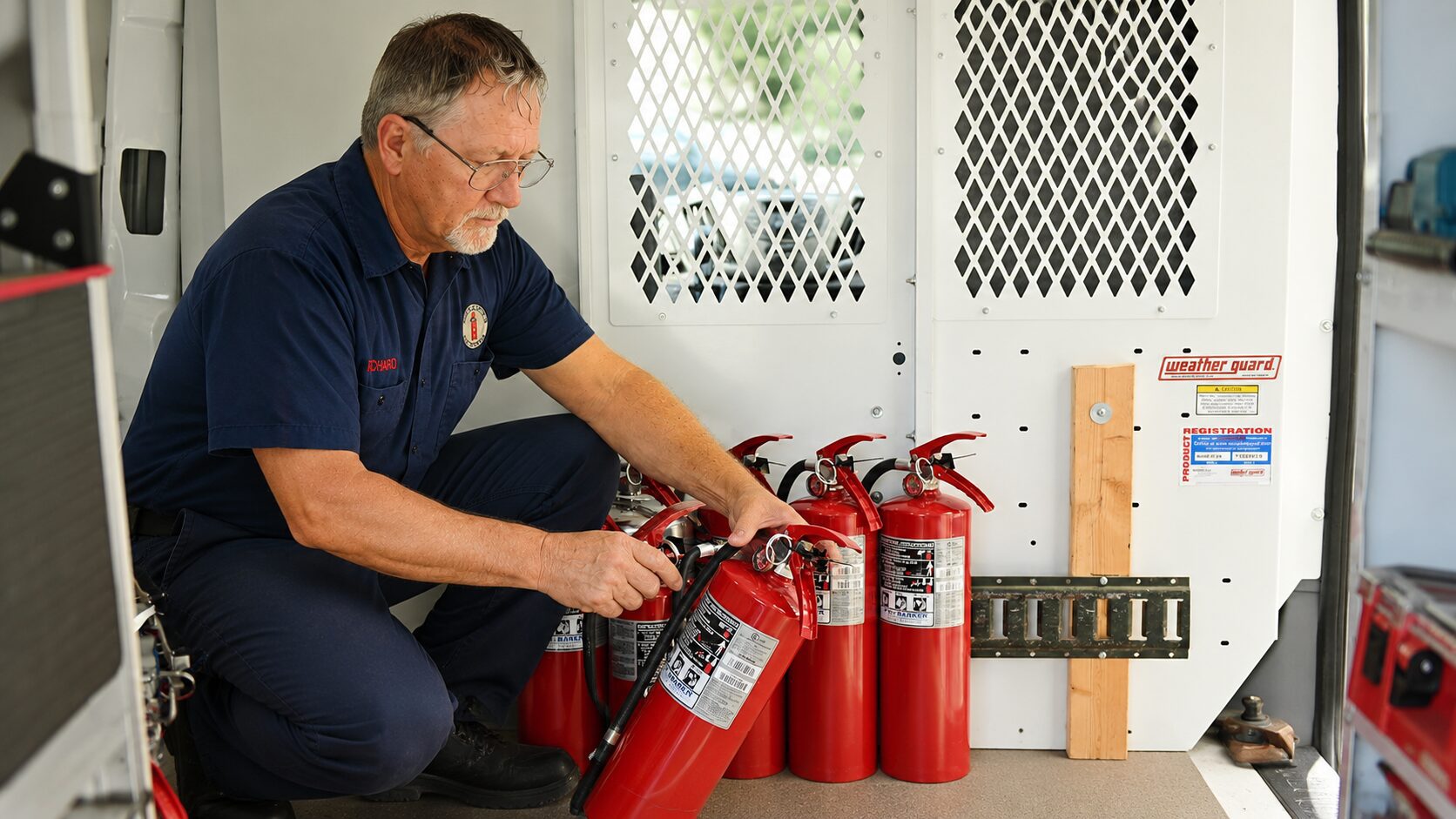 Technician inspecting fire extinguishers inside service van
