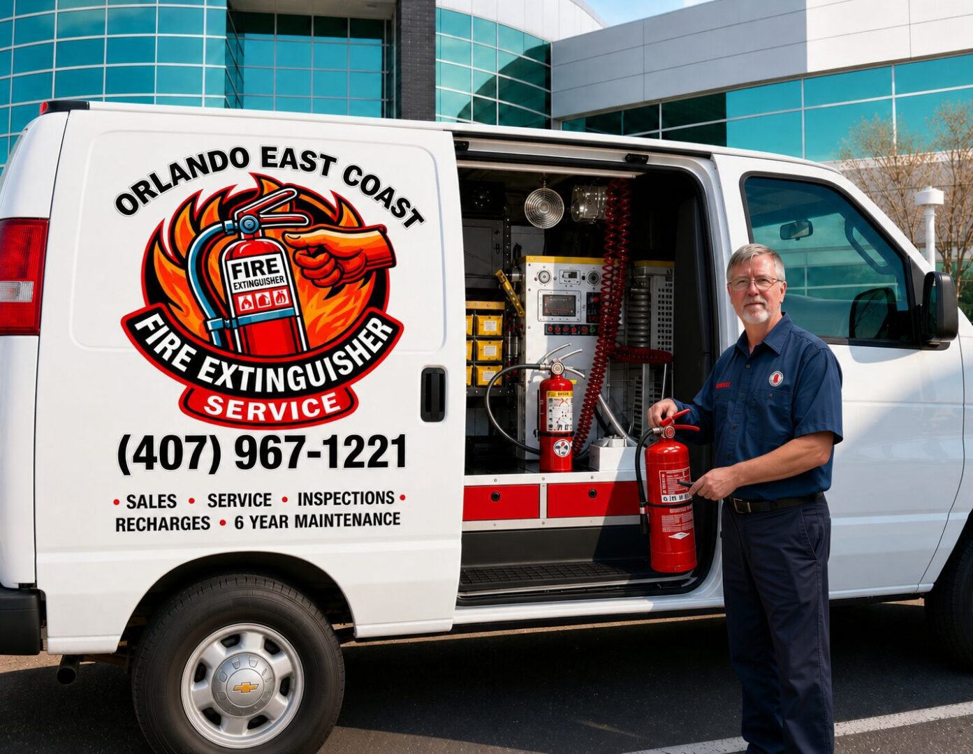 Fire extinguisher service technician with van