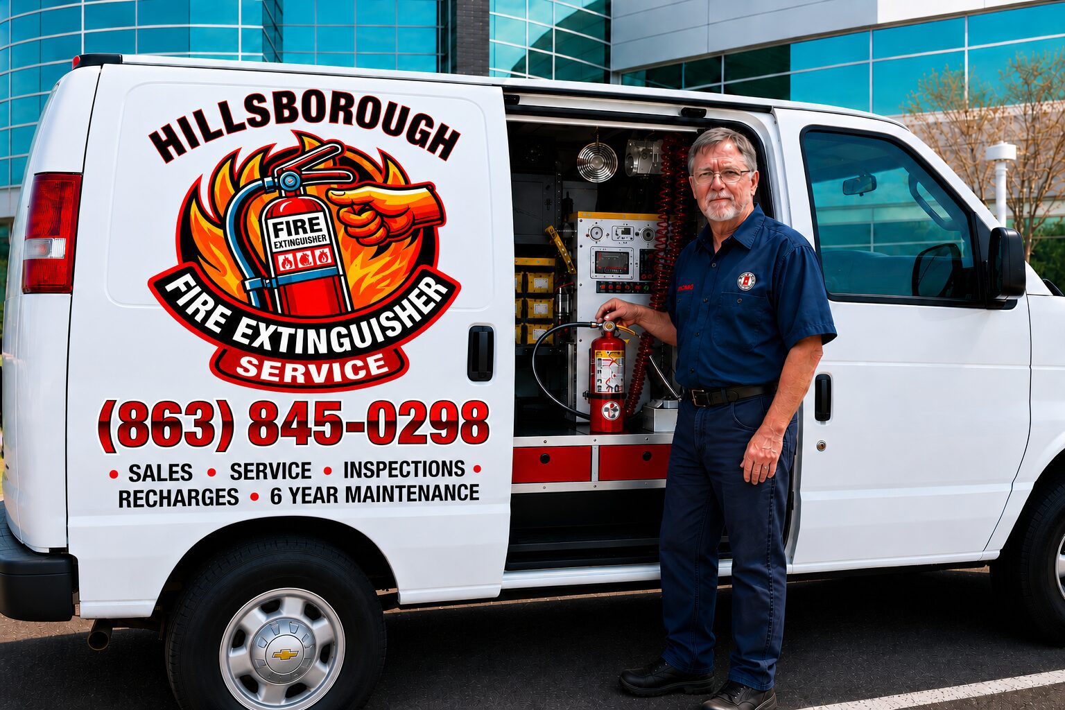 Hillsborough fire extinguisher technician by van