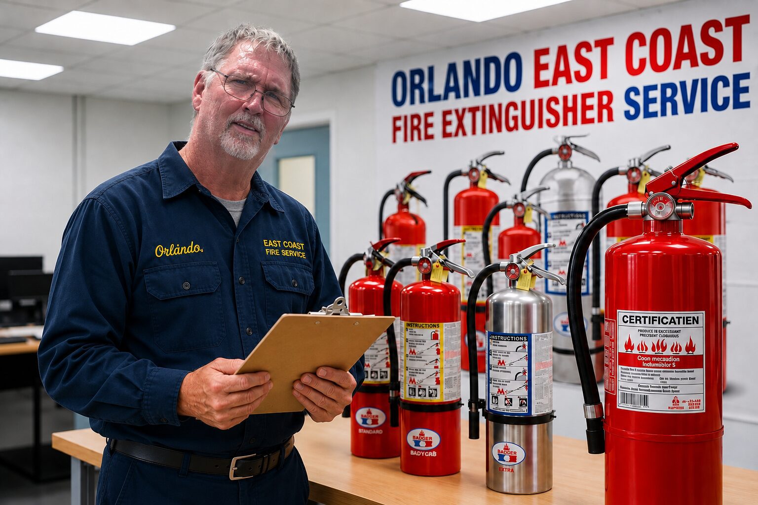 Worker with clipboard inspecting fire extinguishers